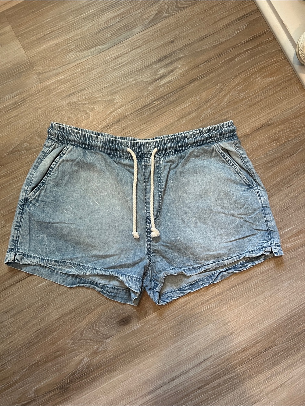Washed Light Blue Denim Drawstring Shorts for Women